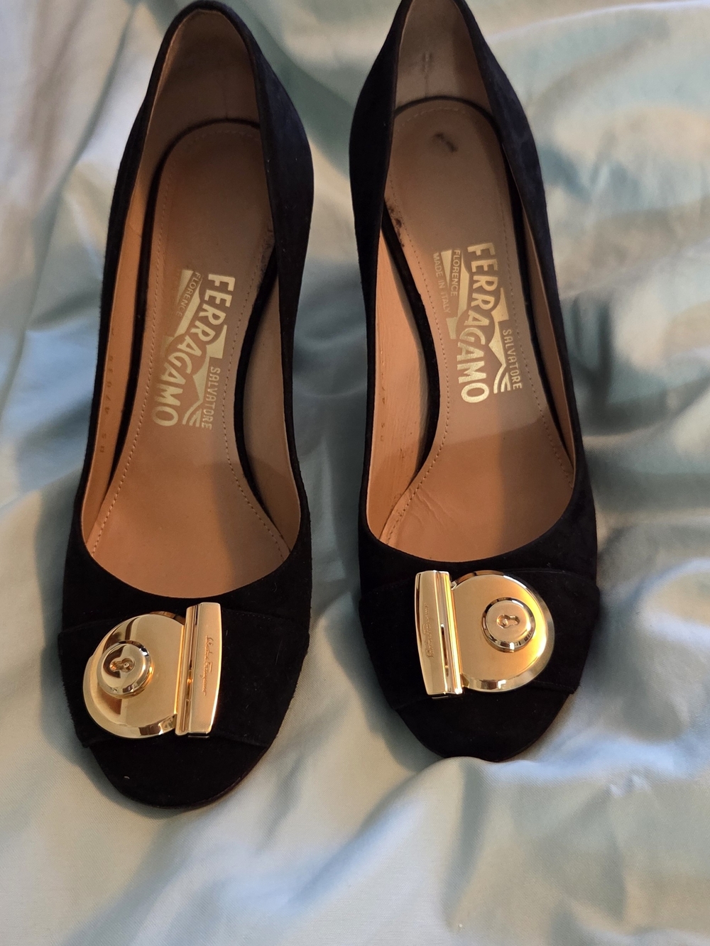 Salvatore Ferragamo Black Suede Pumps with Gold Accent